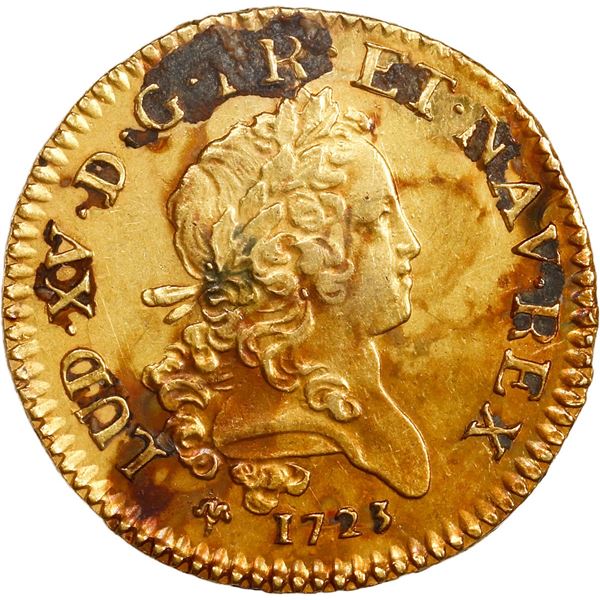 FRANCE, Orleans mint, gold louis d'or Mirliton, Louis XV, 1723-R, encrusted with tiny lead birdshot.