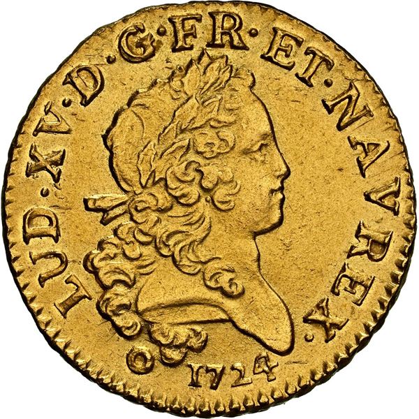 FRANCE, Bordeaux mint, gold louis d'or Mirliton, Louis XV, 1724-K, long palm branches, NGC UNC detai