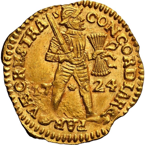 NETHERLANDS (United), Utrecht, gold ducat, 1724, NGC MS 64 (Shipwreck Blue Label).