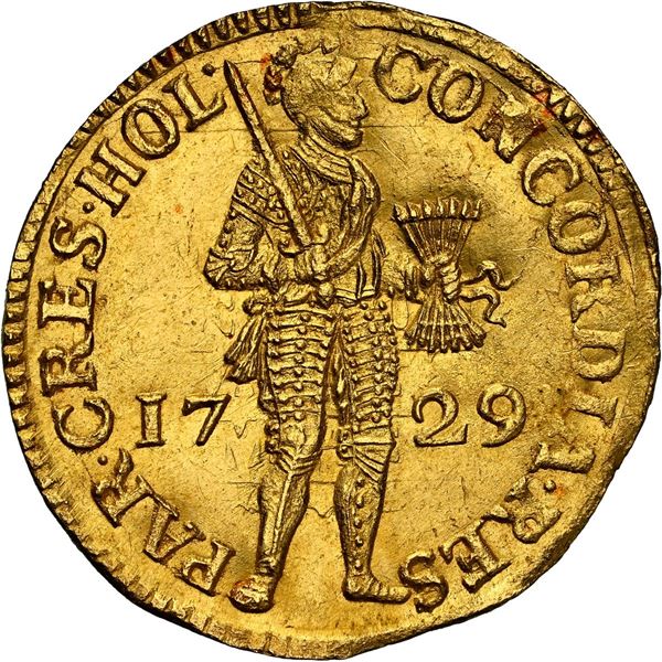 NETHERLANDS (United), Holland, gold ducat, 1729, NGC MS 64 (Shipwreck Blue Label).