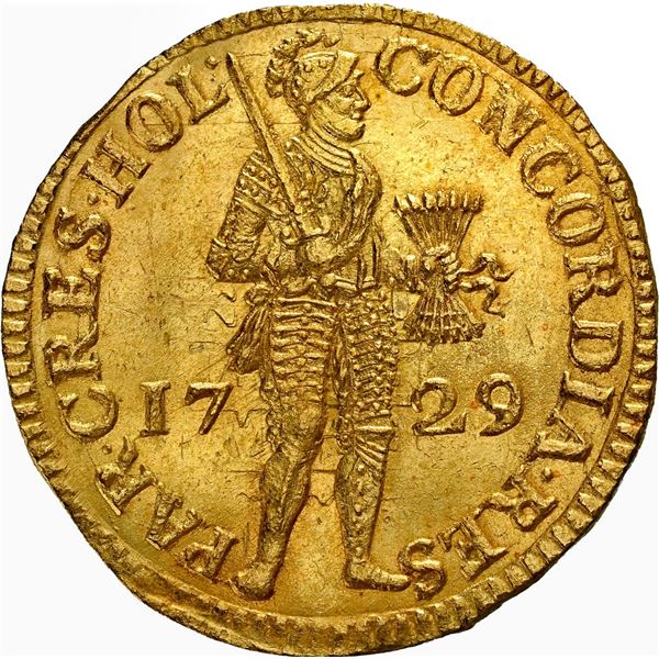 NETHERLANDS (United), Holland, gold ducat, 1729, NGC UNC details / bent (Shipwreck Blue Label).