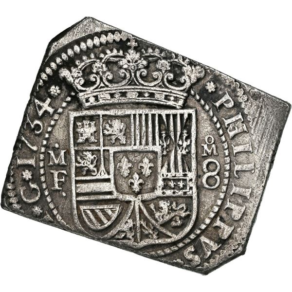 MEXICO, Mexico City, klippe 8 reales, 1734/3 MF, rare, NGC AU details / saltwater damage (Shipwreck 
