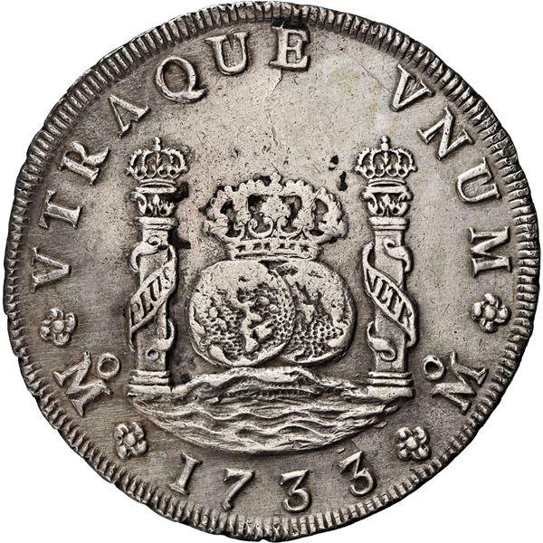 MEXICO, Mexico City, pillar 8 reales, Philip V, 1733 F, small crown, rare, NGC AU details / harshly 
