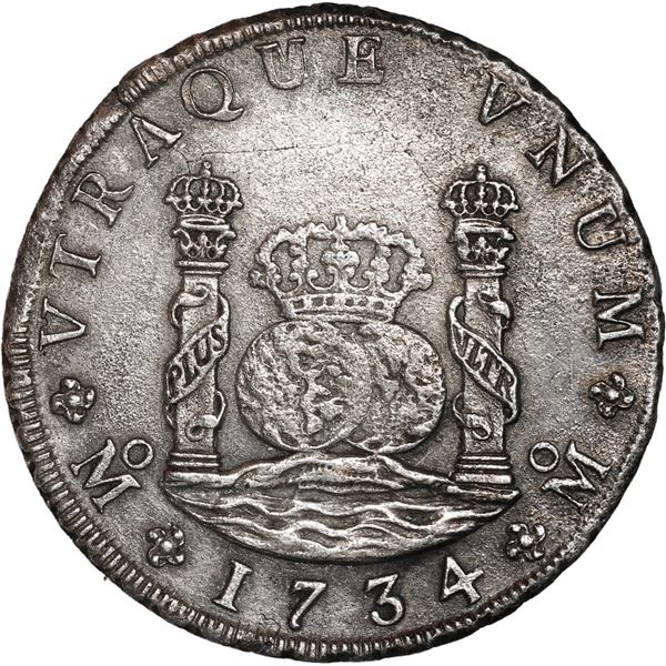 MEXICO, Mexico City, pillar 8 reales, Philip V, 1734 MF, /\ for A in VTRAQUE, very rare.