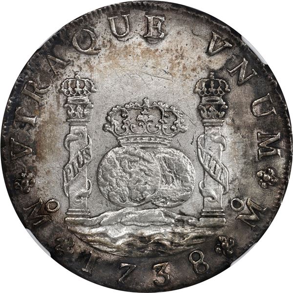MEXICO, Mexico City, pillar 8 reales, Philip V, 1738 MF, NGC AU details / saltwater damage (Reijgers