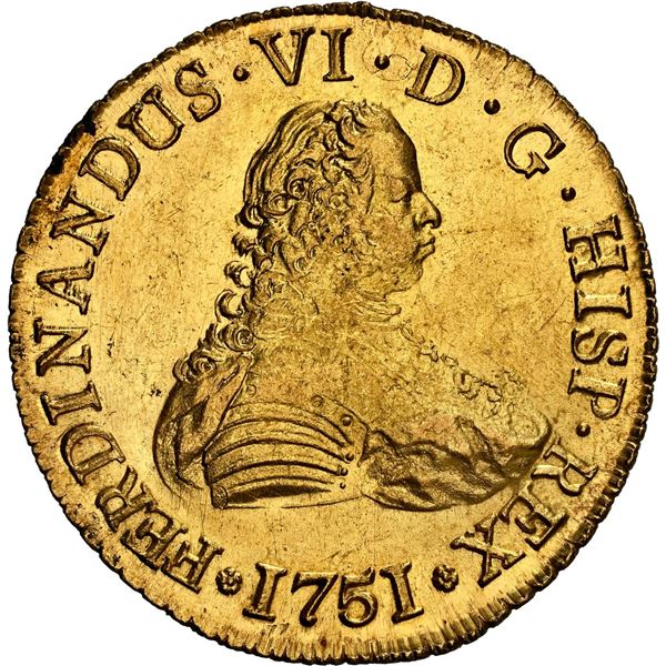 CHILE, Santiago, gold bust 8 escudos, Ferdinand VI, 1751 J, NGC MS 63 (Shipwreck Blue Label).