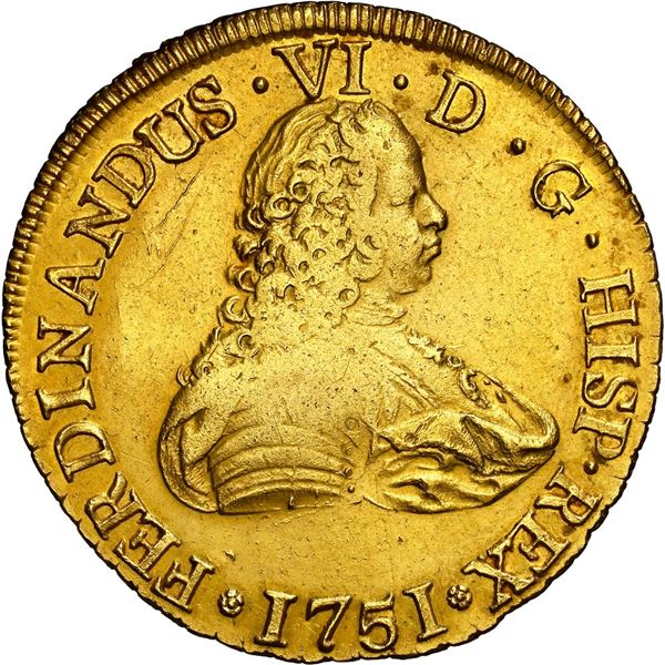 CHILE, Santiago, gold bust 8 escudos, Ferdinand VI, 1751 J, NGC AU details / cleaned / La Luz.