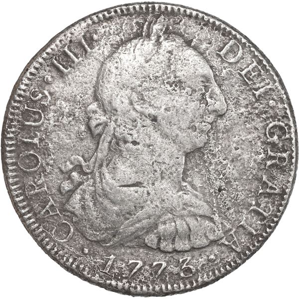 MEXICO, Mexico City, bust 8 reales, Charles III, 1773 FM, mintmark and initials facing inward.