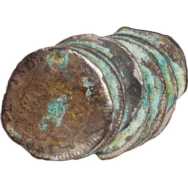 SPANISH COLONIAL, mints uncertain, clump of eight ½R, probably all Charles III, dates not visible, e