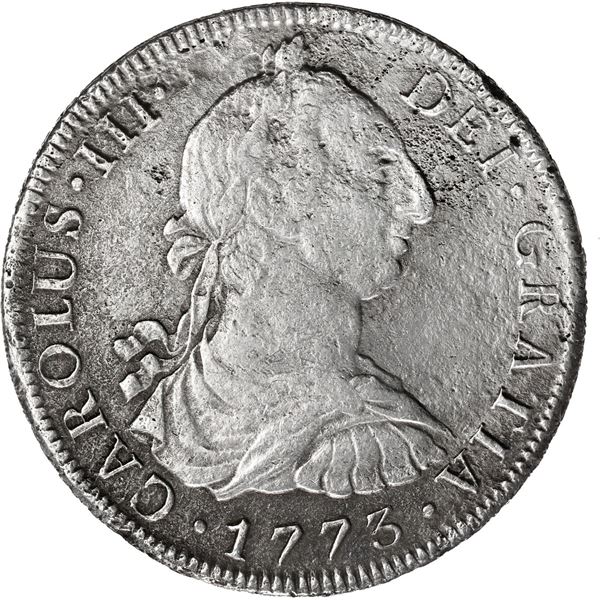 MEXICO, Mexico City, bust 8 reales, Charles III, 1773 FM, mintmark and initials facing rim.