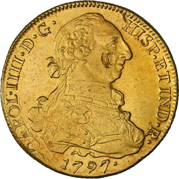 CHILE, Santiago, gold bust 8 escudos, Charles IV (bust of Charles III), 1797 DA, rare provenance, NG