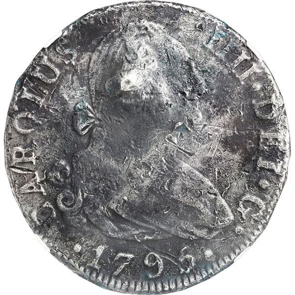 SPAIN, Madrid, bust 4 reales, Charles IV, 1795 MF, NGC VF details / sea salvaged (Shipwreck Blue Lab