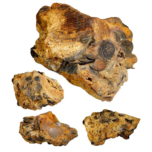 INDIA (British), Madras Presidency, massive 12-lb clump of approx. 450 (+/-) copper X cash treasure