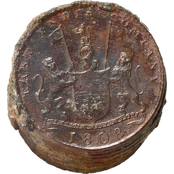 INDIA (British), Madras Presidency, clump of twelve copper X cash in an encrusted stack, 1808.