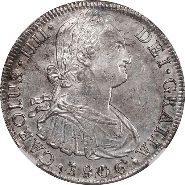 PERU, Lima, bust 8 reales, Charles IV, 1806 JP, NGC AU details / saltwater damage (Coconut Wreck).