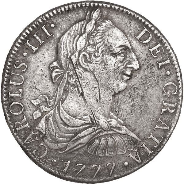MEXICO, Mexico City, bust 8 reales, Charles III, 1777/6 FM, rare.