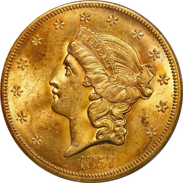 UNITED STATES, San Francisco mint, gold Coronet Liberty Head double eagle ($20), 1857-S, 20E broken 