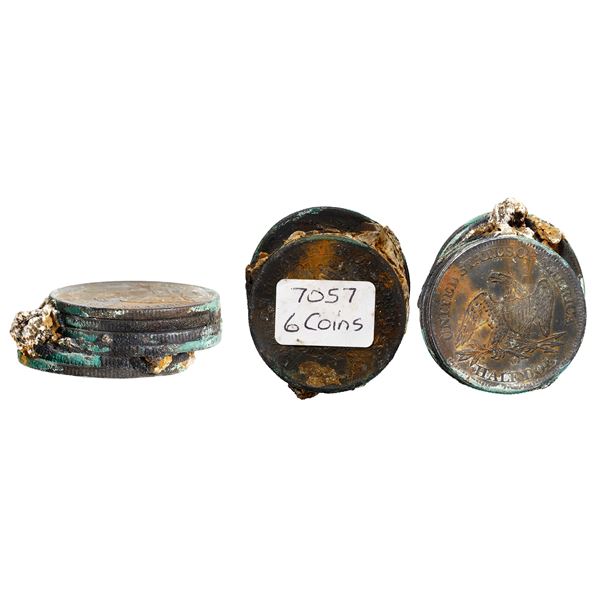 UNITED STATES, mints uncertain, clump of six seated Liberty half dollars, dates not visible (one 186