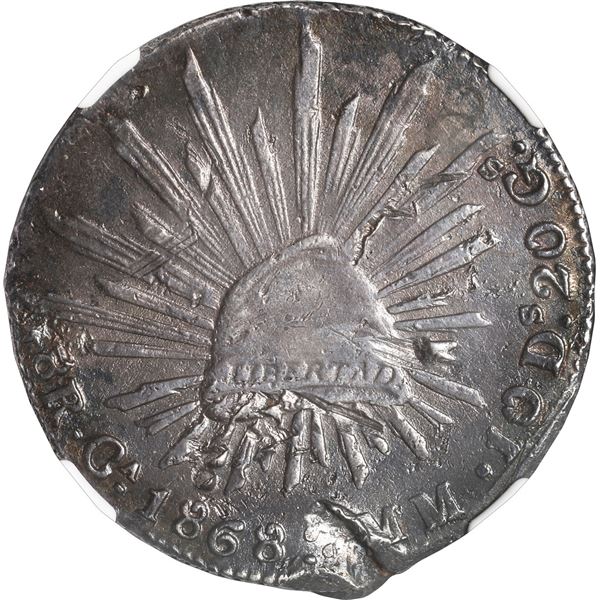 MEXICO, Chihuahua, cap-and-rays 8 reales, 1868 MM, three dots after date, NGC XF details / damaged (