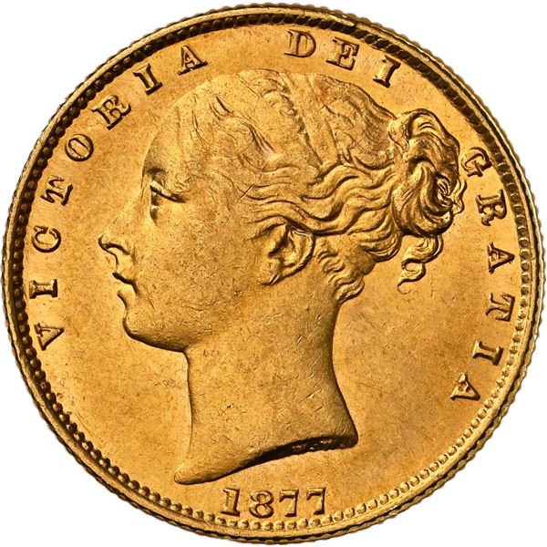 AUSTRALIA (under Great Britain), Sydney, gold sovereign, Victoria (young head), 1877-S, shield type,