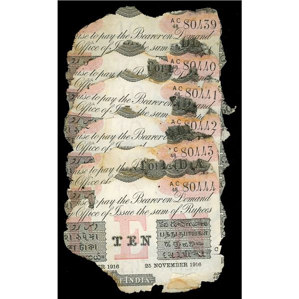 INDIA (British), Calcutta, lot of six 10-rupee notes, 25-11-1916, series AC, consecutive serials 804