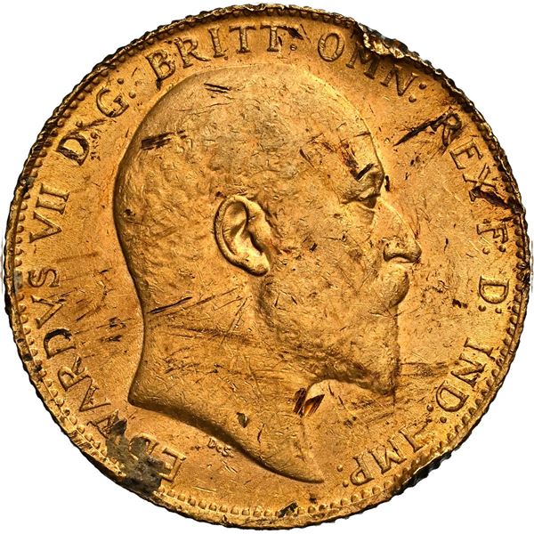 GREAT BRITAIN, London, gold sovereign, Edward VII, 1907, NGC AU details / damaged (Shipwreck Blue La