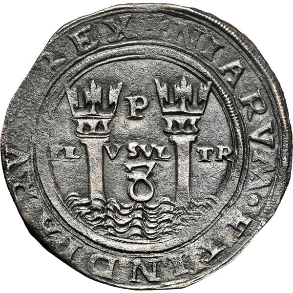 PERU, Lima, 8 reales, Philip II, assayer R (Rincón) to left, king's name as PHILPVS, legends HISPA /