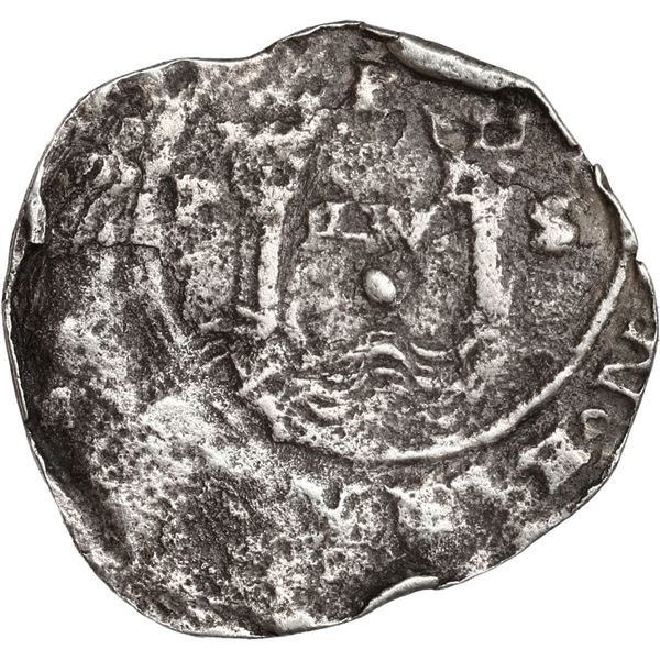PERU, Lima, 1 real, Philip II, assayer X to left, legends uncertain, motto P-LV-S, extremely rare, e
