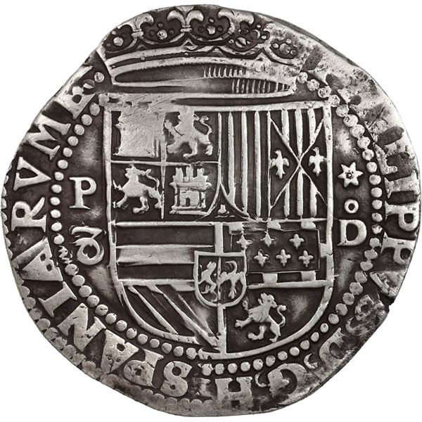 PERU, Lima, cob 8 reales, Philip II, assayer Diego de la Torre, P-8 (flat top) to left, *-oD to righ