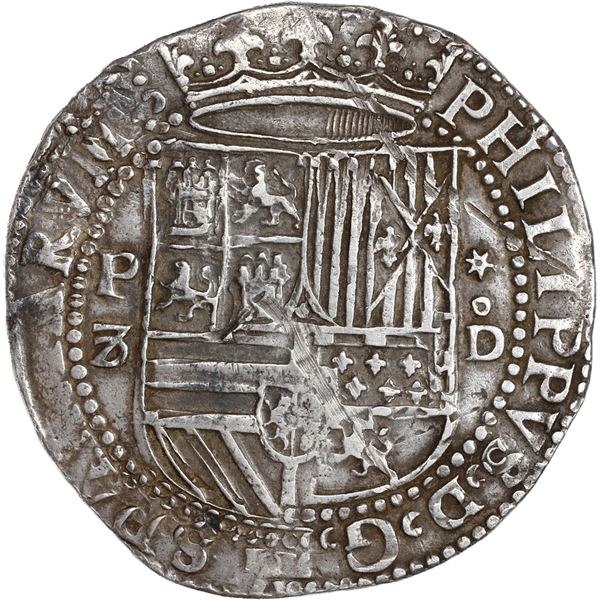 PERU, Lima, cob 8 reales, Philip II, assayer Diego de la Torre, P-8 (flat top) to left, *-oD to righ