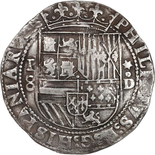 PERU, Lima, cob 8 reales, Philip II, assayer Diego de la Torre, P-8 (round top) to left, *-oD to rig