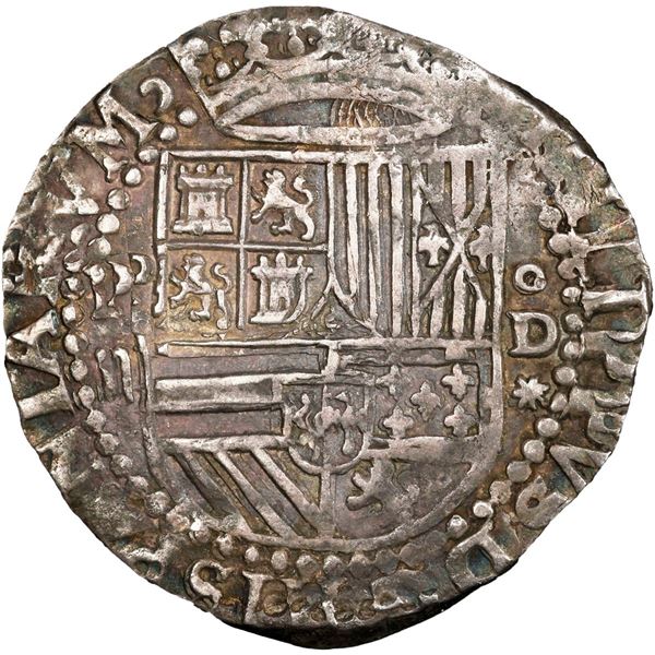 PERU, Lima, cob 2 reales, Philip II, assayer Diego de la Torre, P-ii to left, oD-* to right, PCGS AU