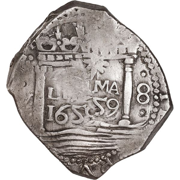 PERU, Lima, cob 8 reales, 1659 V, mintmark * above LIMA, (V) to left and 8 to right, rare, ex-Ugaz.