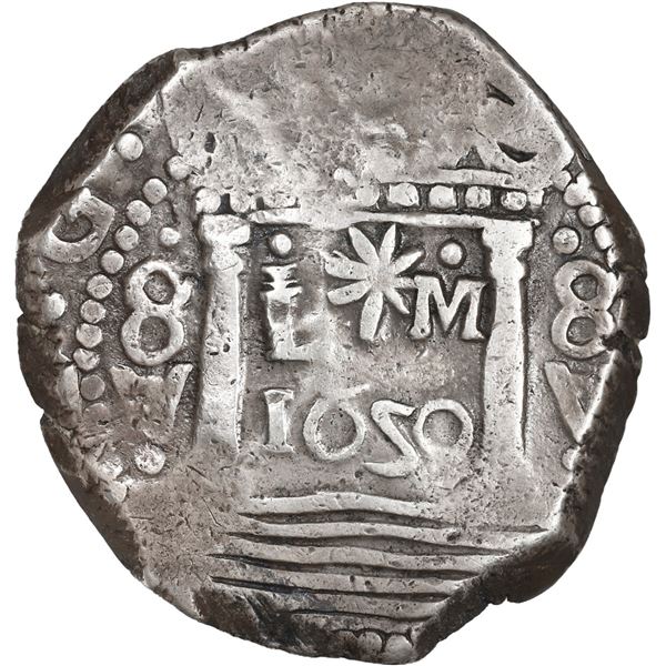 PERU, Lima, cob 8 reales, 1659 V, mintmark L?M, •8•V to left and right, rare, ex-U