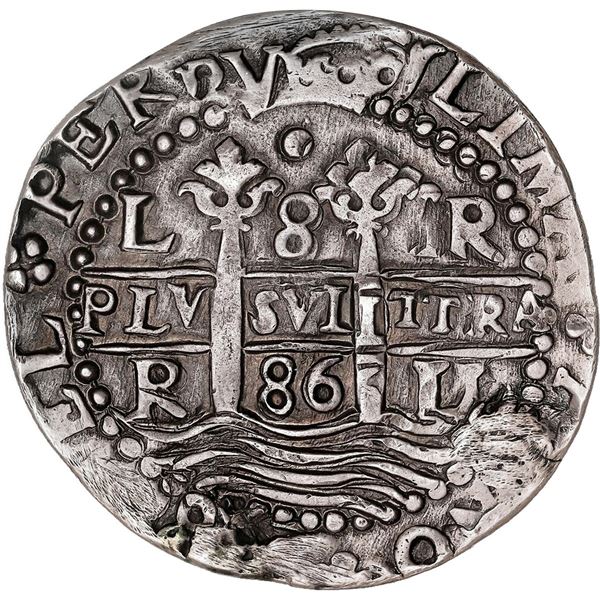 PERU, Lima, cob 8 reales Royal (galano), 1686 R, single dot at top, rare, NGC XF details / plugged, 