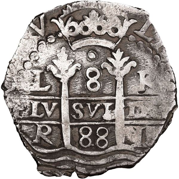PERU, Lima, cob 8 reales, 1688 R, single dot at top, rare, PCGS XF40, finest known in PCGS census, e