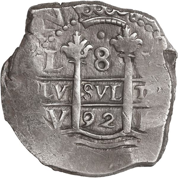 PERU, Lima, cob 8 reales, 1692 V, single dot at top, ex-Ugaz.