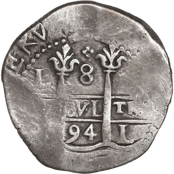PERU, Lima, cob 8 reales, 1694 M, quatrefoil at top, rare variety, ex-Ugaz.
