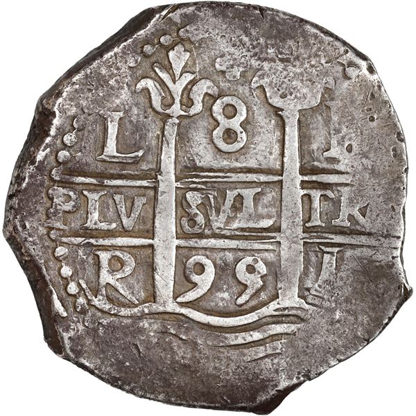 PERU, Lima, cob 8 reales, 1695 R, quatrefoil at top, rare variety, ex-Ugaz, ex-Rosenheim, Murray Pla