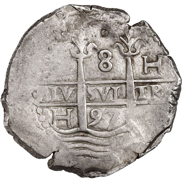 PERU, Lima, cob 8 reales, 1697 H, single dot at top, ex-Ugaz.