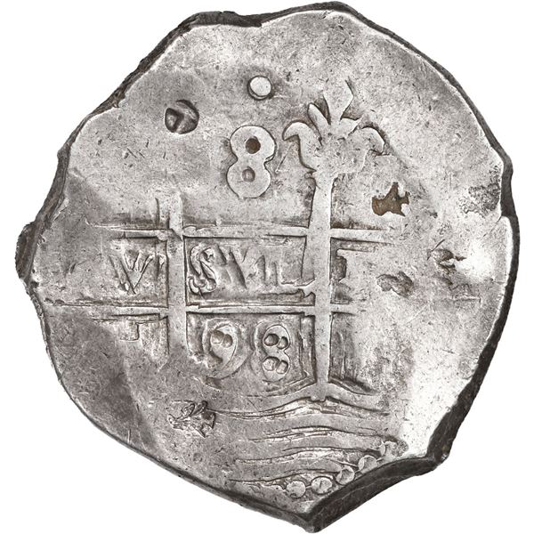 PERU, Lima, cob 8 reales, 1698 H, single dot at top, with chopmarks from circulation in Asia, ex-Uga