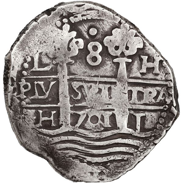 PERU, Lima, cob 8 reales, 1701 H, single dot at top, posthumous Charles II, ex-Ugaz.