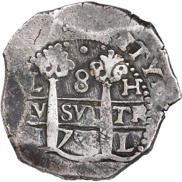 PERU, Lima, cob 8 reales, 1702 H, single dot at top, ex-Ugaz.