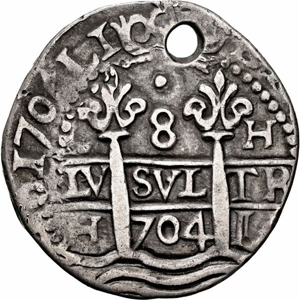 PERU, Lima, cob 8 reales Royal (galano), 1704 H, single dot at top, extremely rare, NGC VF details /