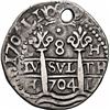 Image 1 : PERU, Lima, cob 8 reales Royal (galano), 1704 H, single dot at top, extremely rare, NGC VF details /