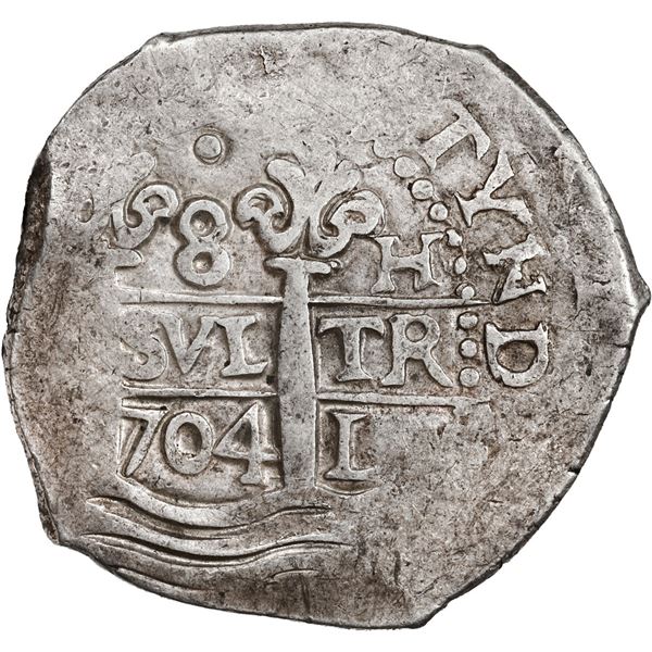 PERU, Lima, cob 8 reales, 1704 H, single dot at top, ex-Ugaz.