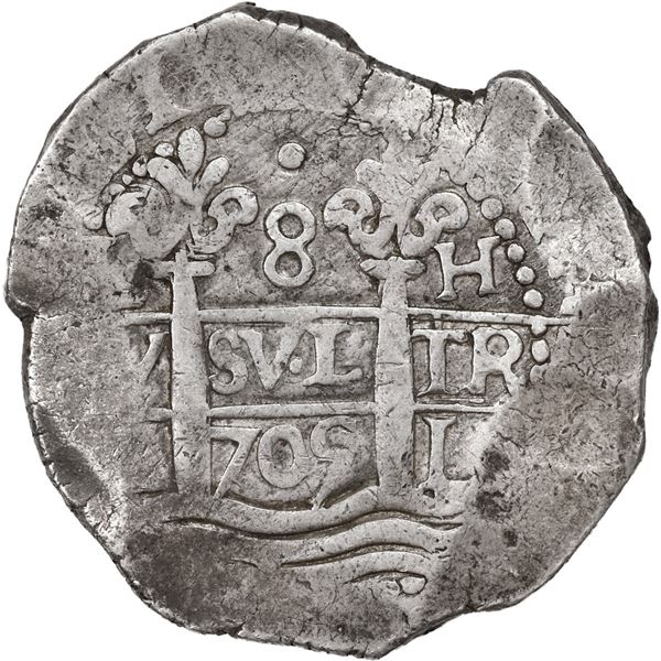 PERU, Lima, cob 8 reales, 1705 H, single dot at top, ex-Ugaz.