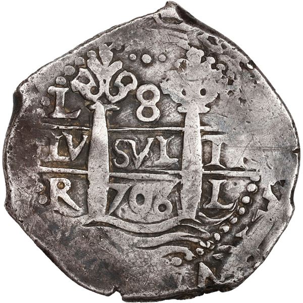 PERU, Lima, cob 8 reales, 1706 R, row of three dots at top, rare, ex-Ugaz, Vico-Segarra Plate.