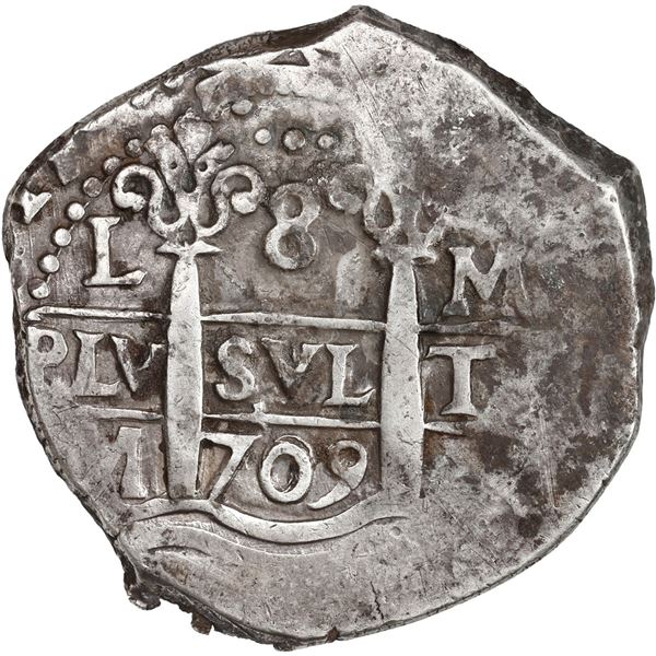 PERU, Lima, cob 8 reales, 1709 M, row of three dots at top, rare, ex-Ugaz.