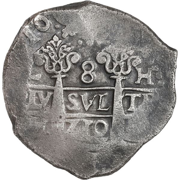 PERU, Lima, cob 8 reales, 1710 H, row of three dots at top, ex-Ugaz.